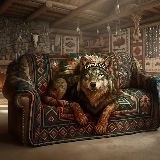 Native American Wolf - Personalized American Indian Quilted Sofa/Couch Cover