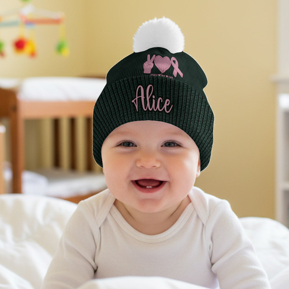 Peace Love Cure Pink Ribbon - Personalized Breast Cancer Awareness Beanie Hat