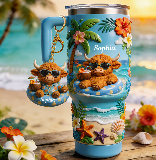 Summer Vibes - Personalized Highland Cow Tumbler With Plush Charm