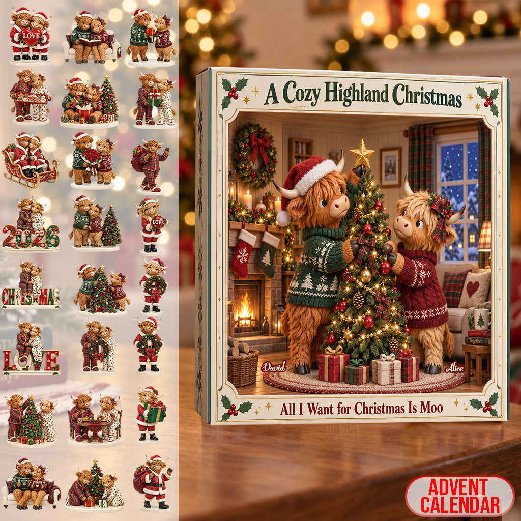 Highland Cow Christmas Couple Gift - Personalized Highland Cow Folded Advent Calendar With Ornaments