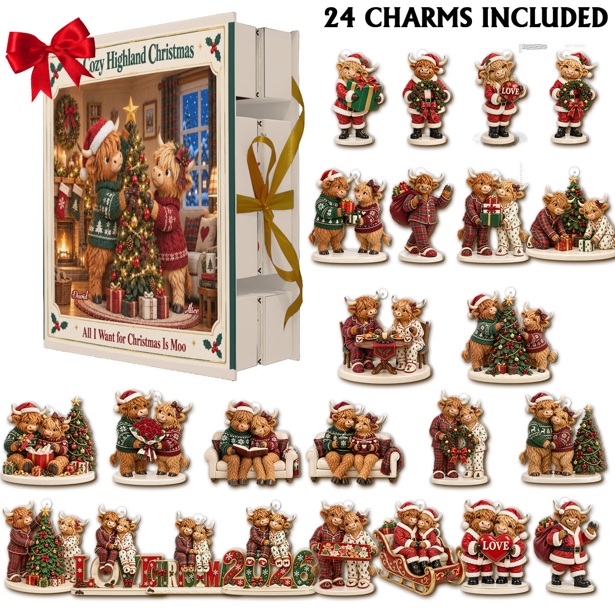 Highland Cow Christmas Couple Gift - Personalized Highland Cow Folded Advent Calendar With Ornaments