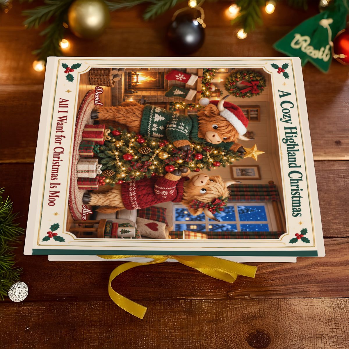 Highland Cow Christmas Couple Gift - Personalized Highland Cow Folded Advent Calendar With Ornaments