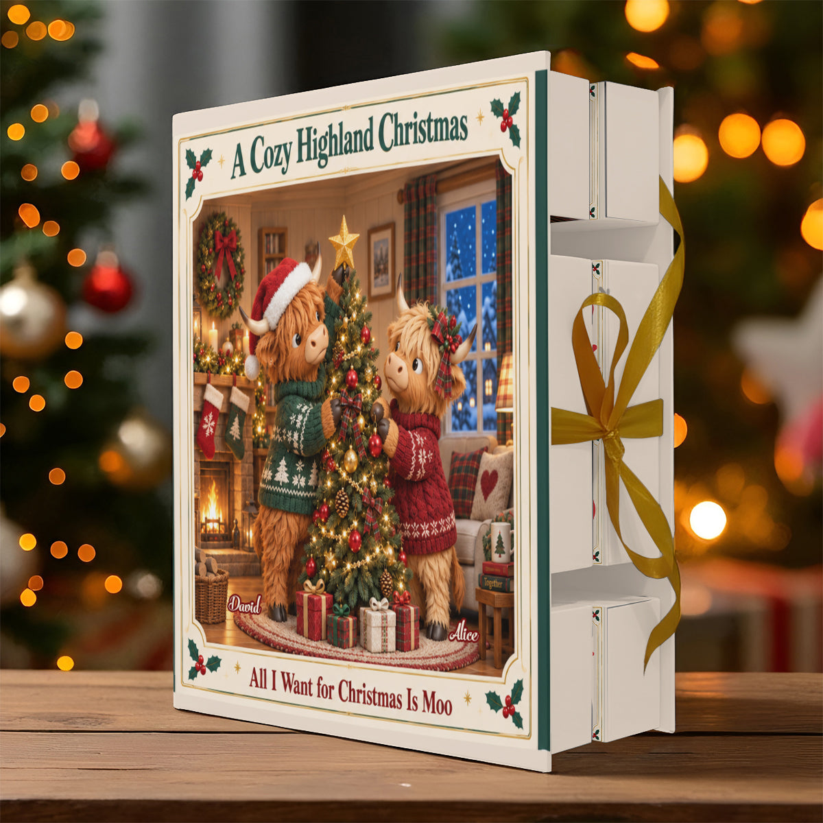 Highland Cow Christmas Couple Gift - Personalized Highland Cow Folded Advent Calendar With Ornaments