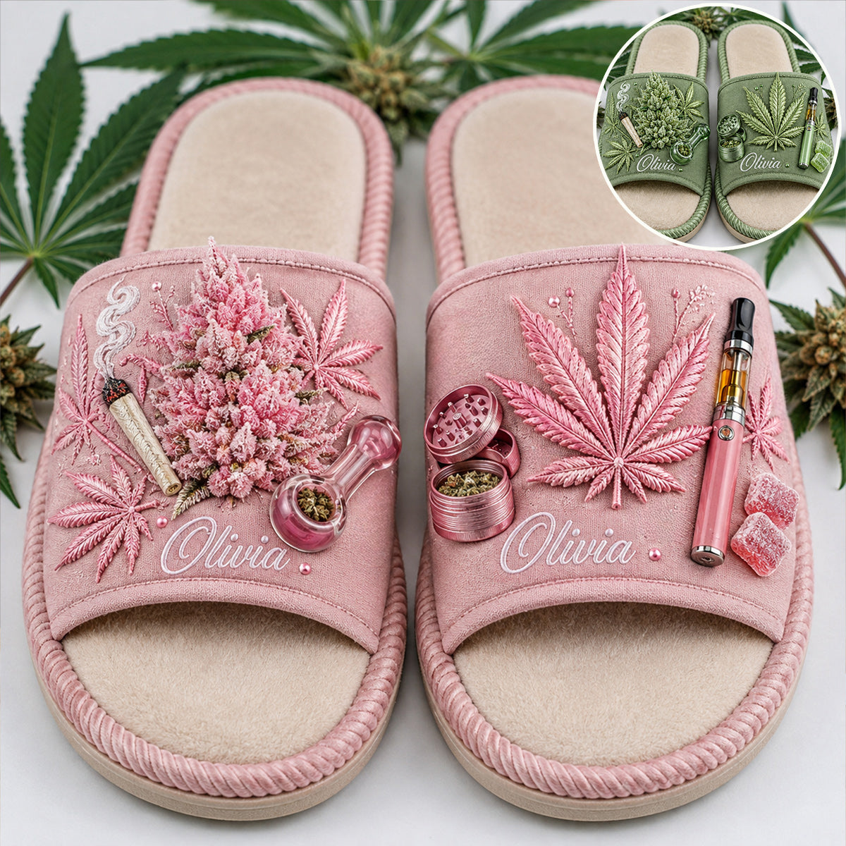 Cannabis Leaf Embroidered - Personalized Weed Open-Toe Slippers