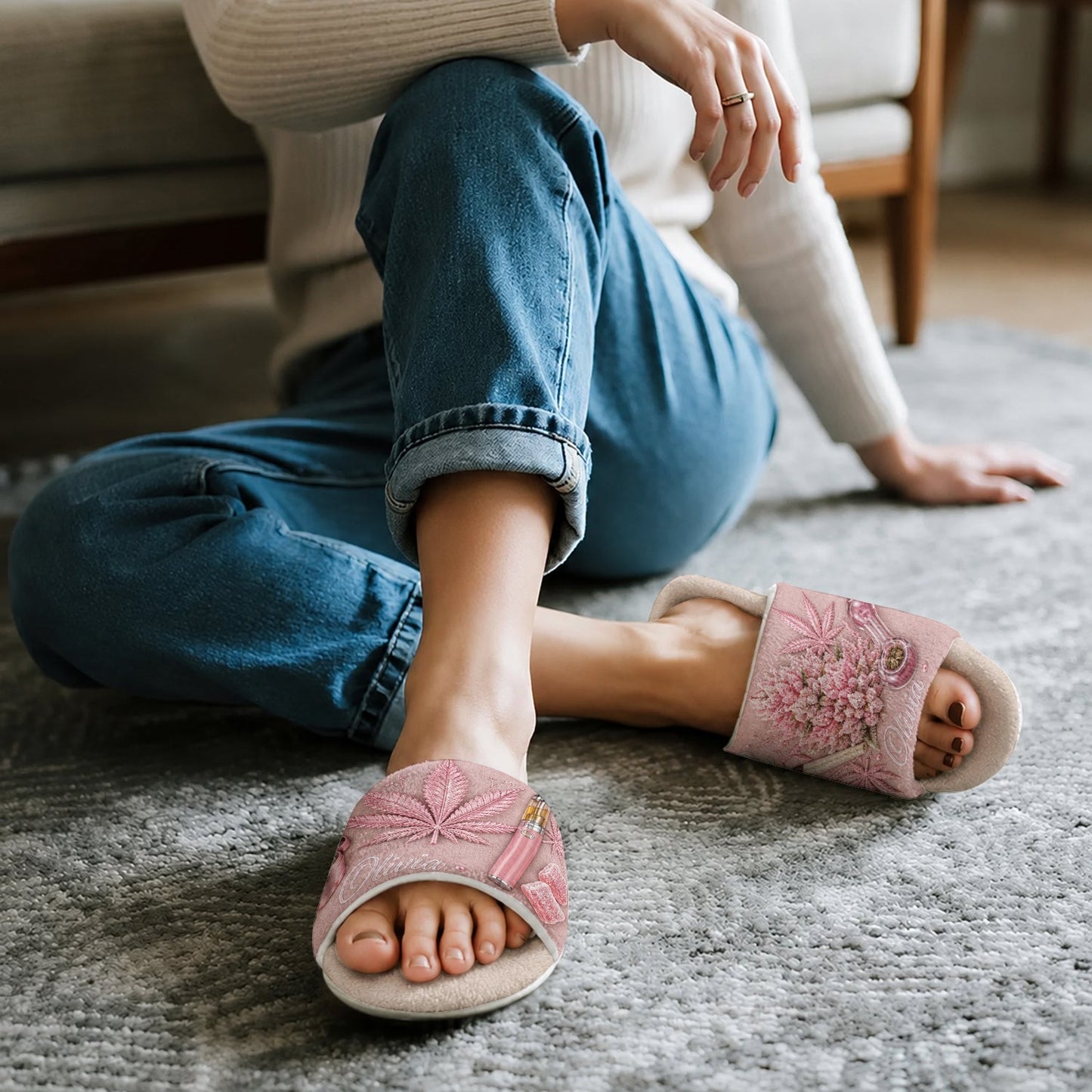 Cannabis Leaf Embroidered - Personalized Weed Open-Toe Slippers