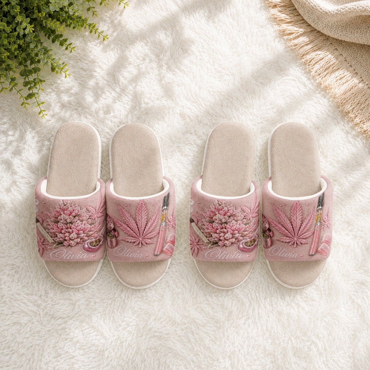 Cannabis Leaf Embroidered - Personalized Weed Open-Toe Slippers