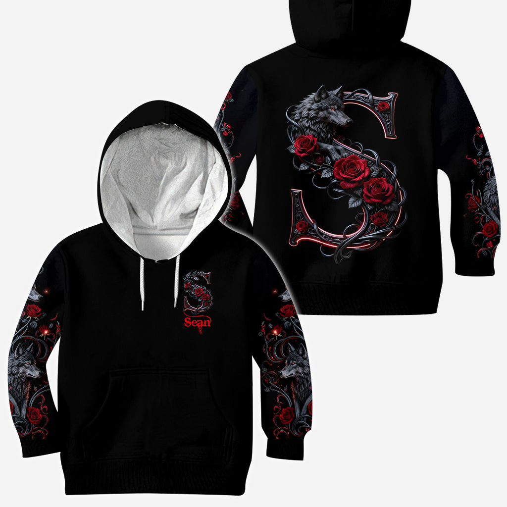 Wolf And Roses, Initial Customize - Personalized Wolf All Over Shirt
