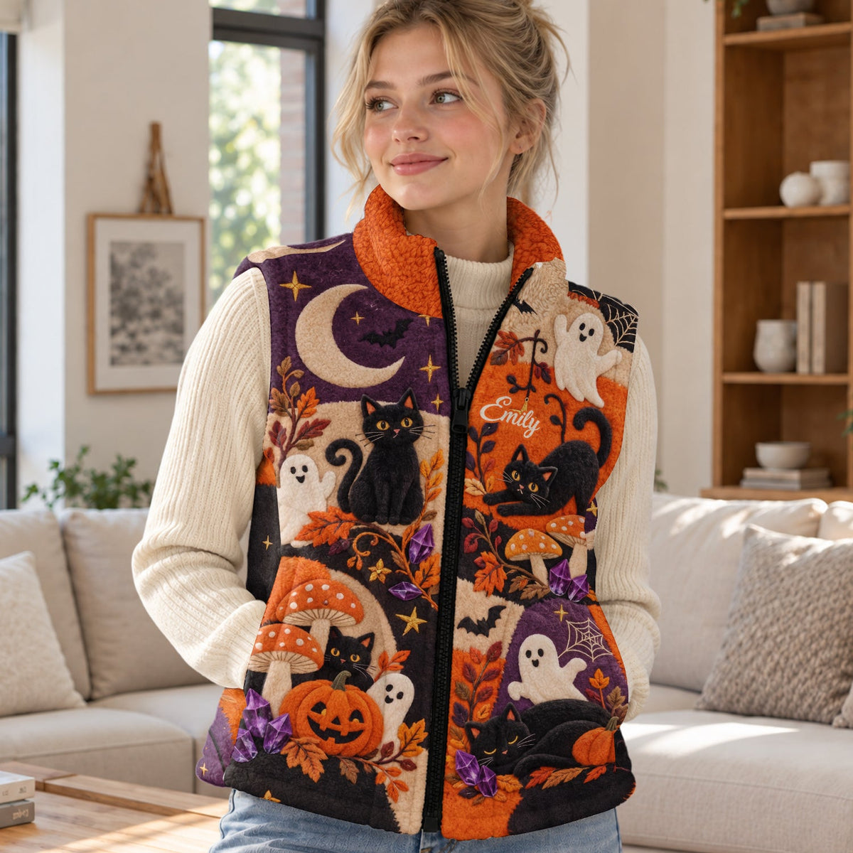 Happy Halloween - Personalized Black Cat Flannel Fleece Vest