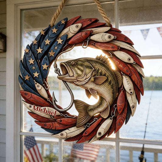 USA 250th Bass - Personalized Fishing Custom Shaped Wood Sign