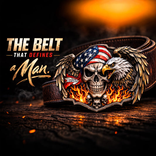 Skull American Eagle - Personalized Skull Leather Belt With Shaped Buckle