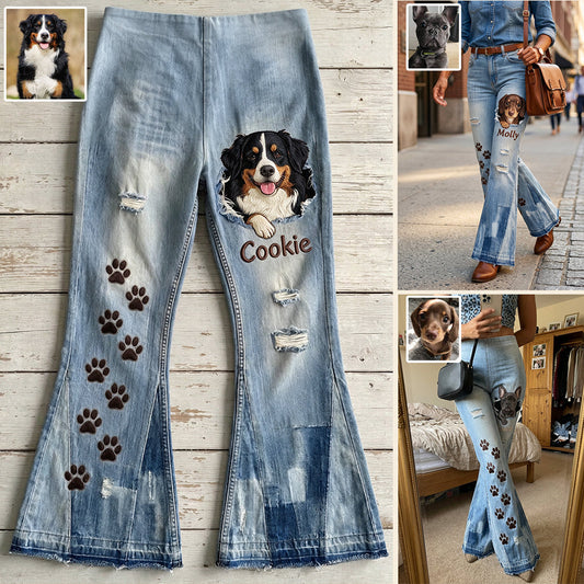 Cute Dog Peeking - Personalized Dog Flare Pants