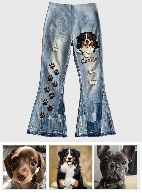 Cute Dog Peeking - Personalized Dog Flare Pants