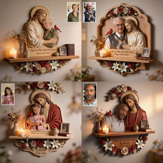 Safe In The Arms Of Jesus - Personalized Memorial Wooden Floating Shelf