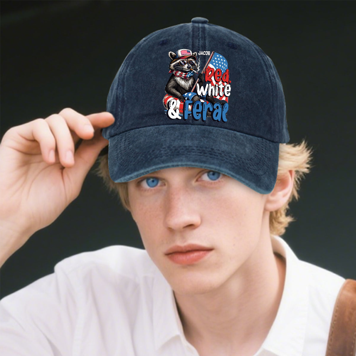 Red, White & Feral Racoon - Personalized Independence Day/ 4th of July Washed Denim Cap