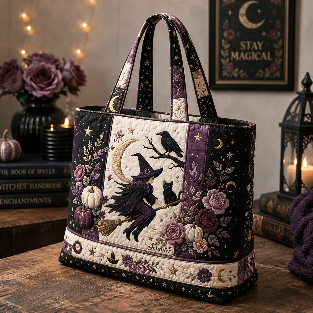 Crescent Moon Crow Witch - Personalized Witch Quilted Tote Bag