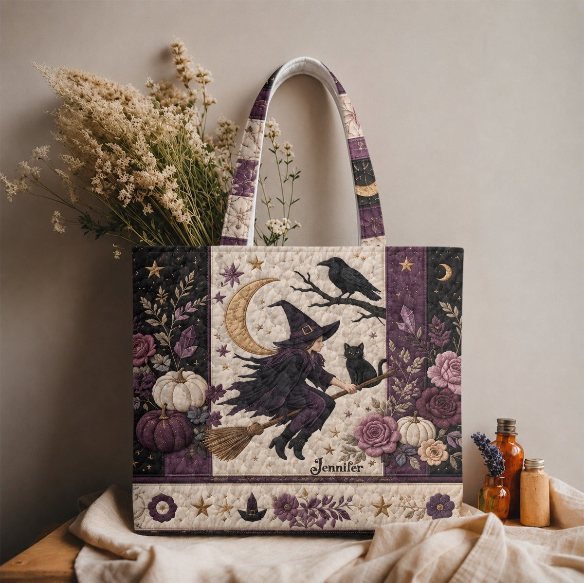 Crescent Moon Crow Witch - Personalized Witch Quilted Tote Bag