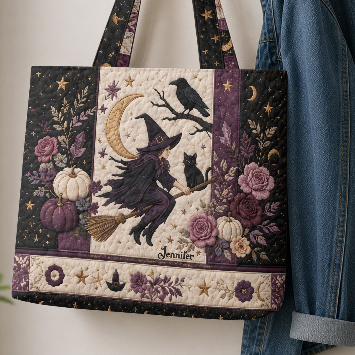 Crescent Moon Crow Witch - Personalized Witch Quilted Tote Bag