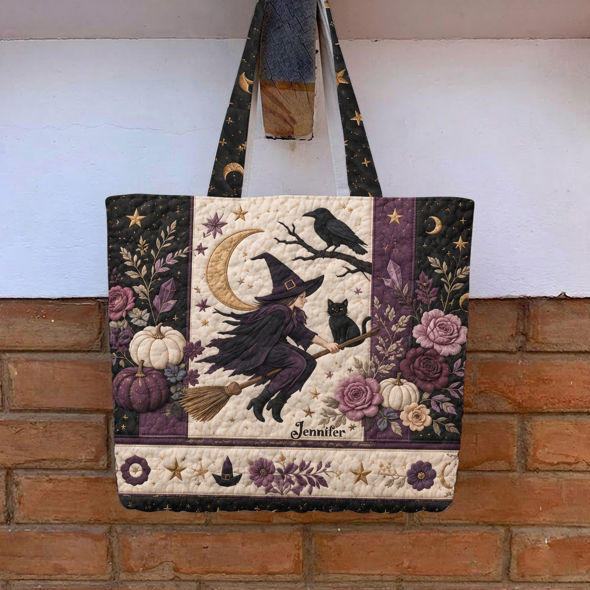 Crescent Moon Crow Witch - Personalized Witch Quilted Tote Bag