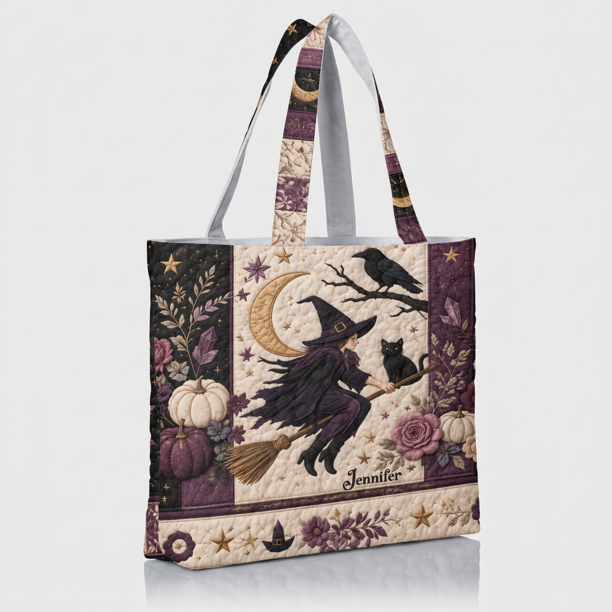 Crescent Moon Crow Witch - Personalized Witch Quilted Tote Bag