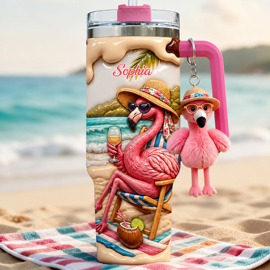 Pink Flamingo - Personalized Flamingo Tumbler With Plush Charm