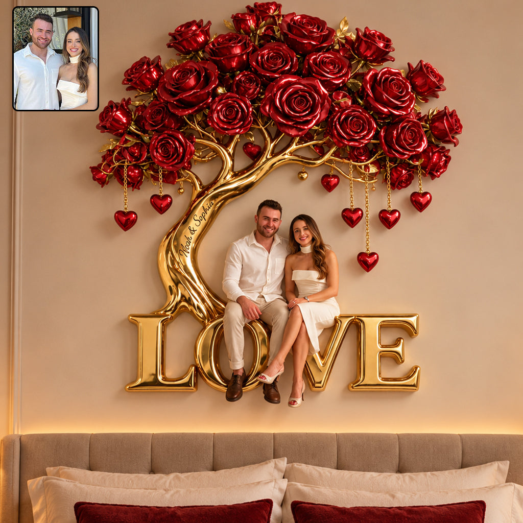 Custom Couple Photo Rose Tree - Personalized Couple 3D Printed Cut Metal Sign