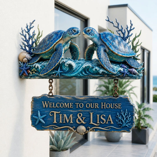 Turtle Couple Door Decoration - Personalized Turtle Wooden Wall Mount Sign