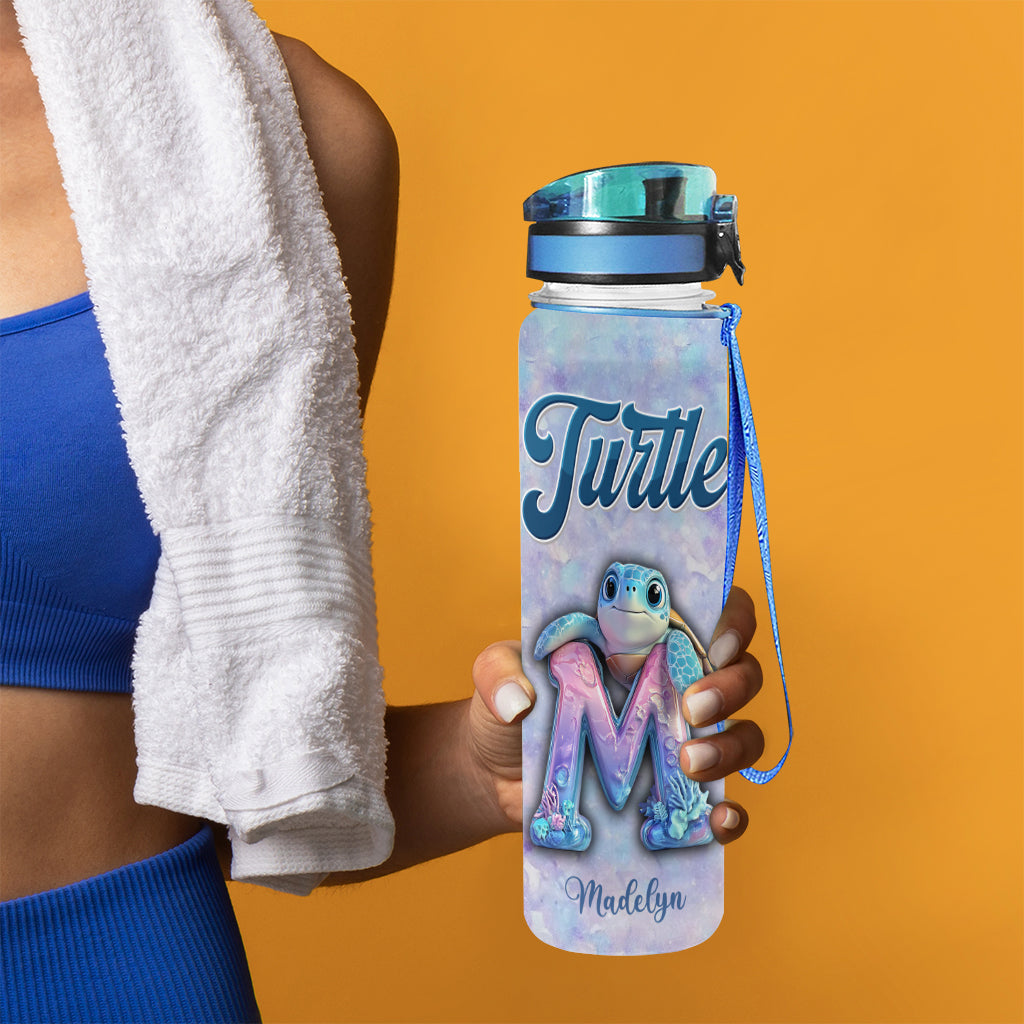 Turtle Alphabet Letter Custom Name - Personalized Turtle Water Tracker Bottle