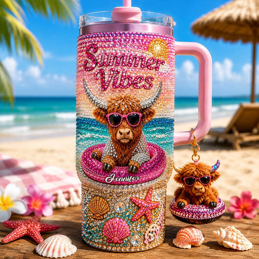 Summer Vibes - Personalized Highland Cow Tumbler With Plush Charm