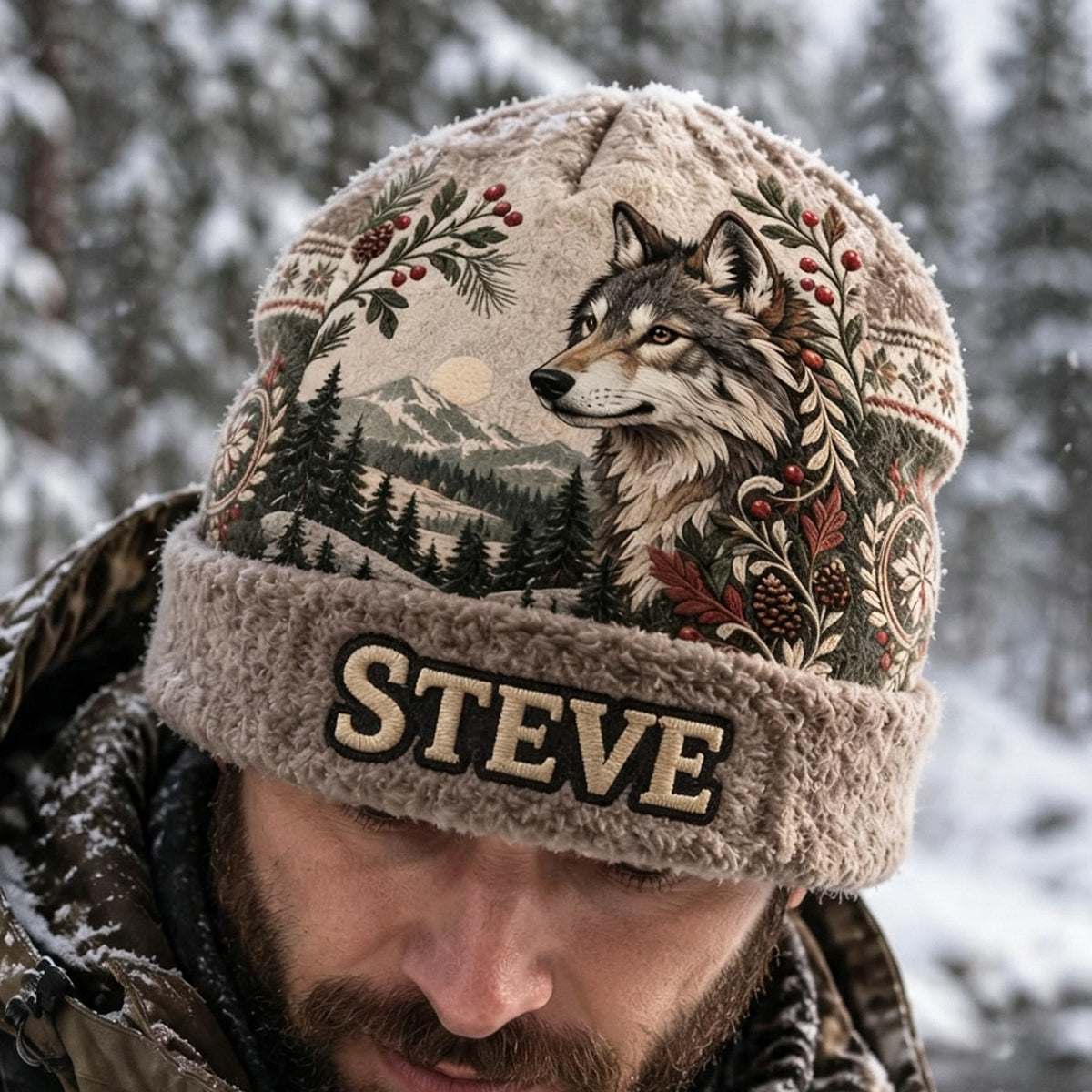 Snowy Forest - Personalized Wolf Beanie Hat