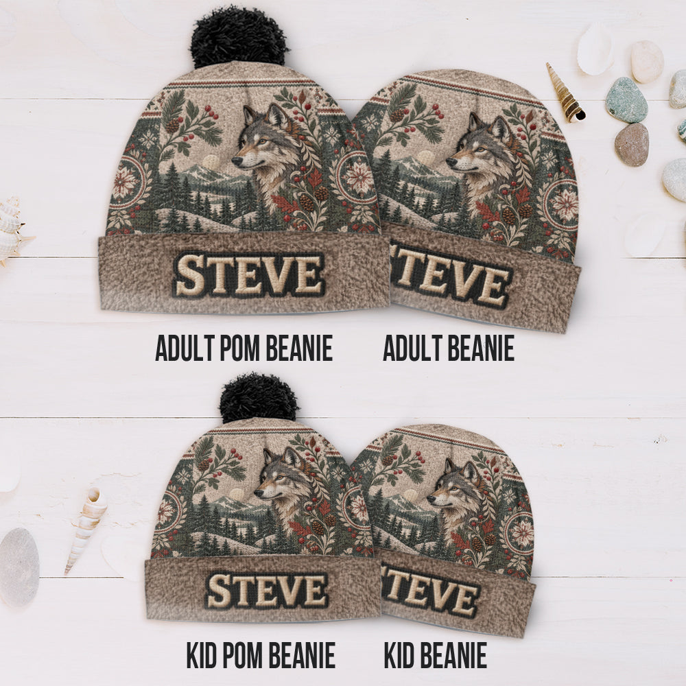 Snowy Forest - Personalized Wolf Beanie Hat