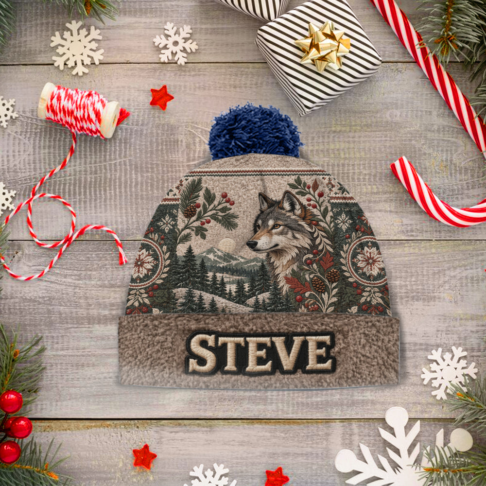 Snowy Forest - Personalized Wolf Beanie Hat