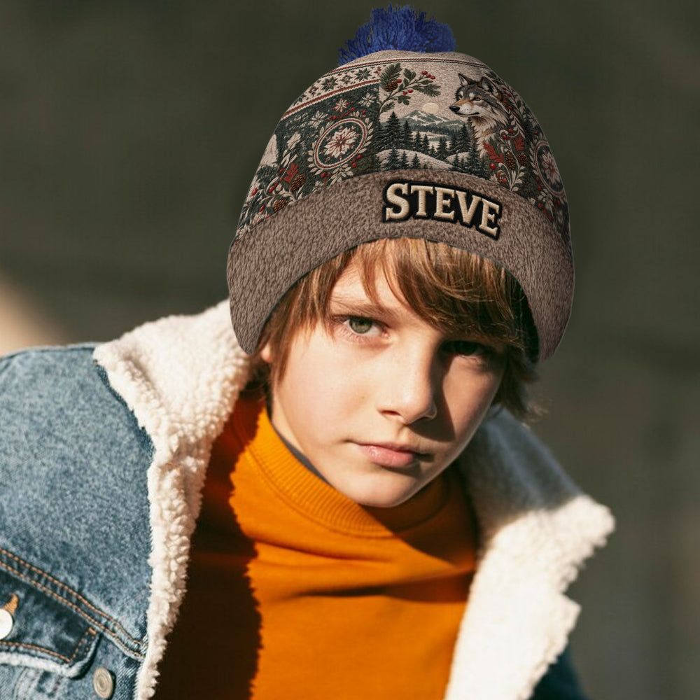 Snowy Forest - Personalized Wolf Beanie Hat