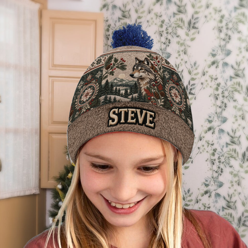 Snowy Forest - Personalized Wolf Beanie Hat