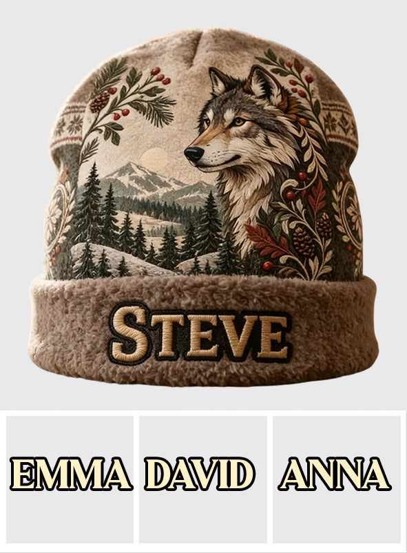 Snowy Forest - Personalized Wolf Beanie Hat