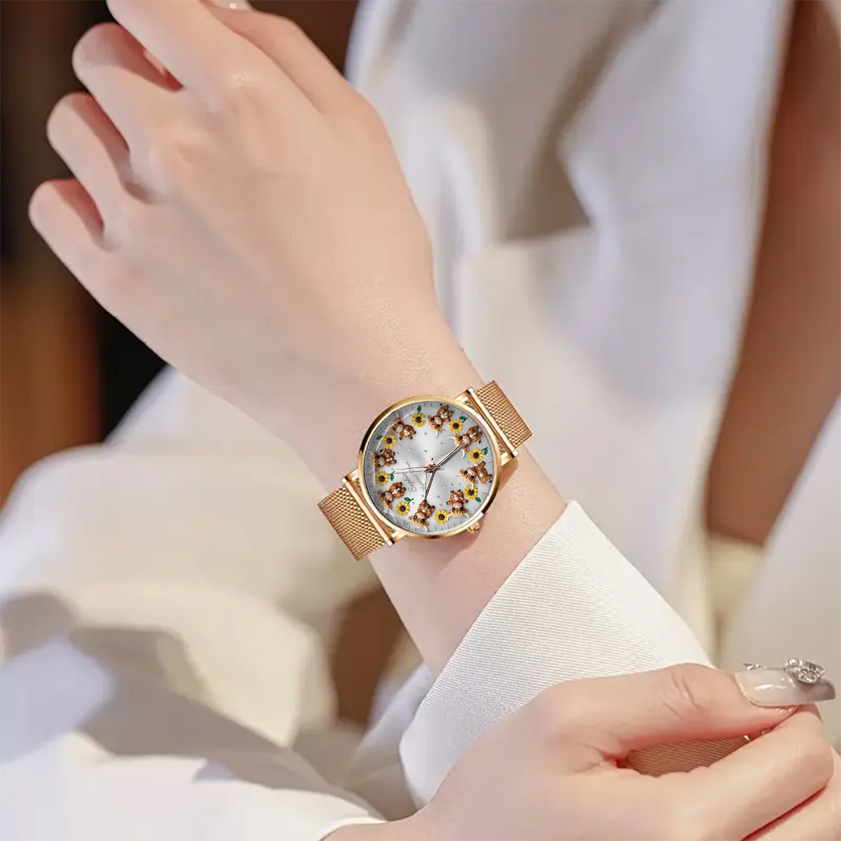 Sunflower & Cow - Personalized Highland Cow Women Hand Watch