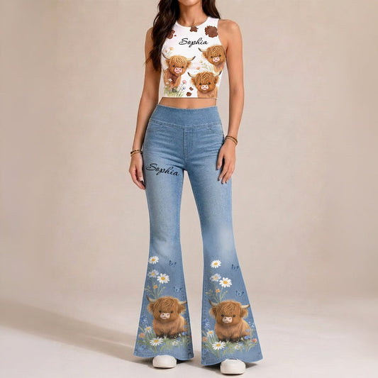 Love Highland Cows - Personalized Highland Cow Flare Leggings & Crop Tanktop