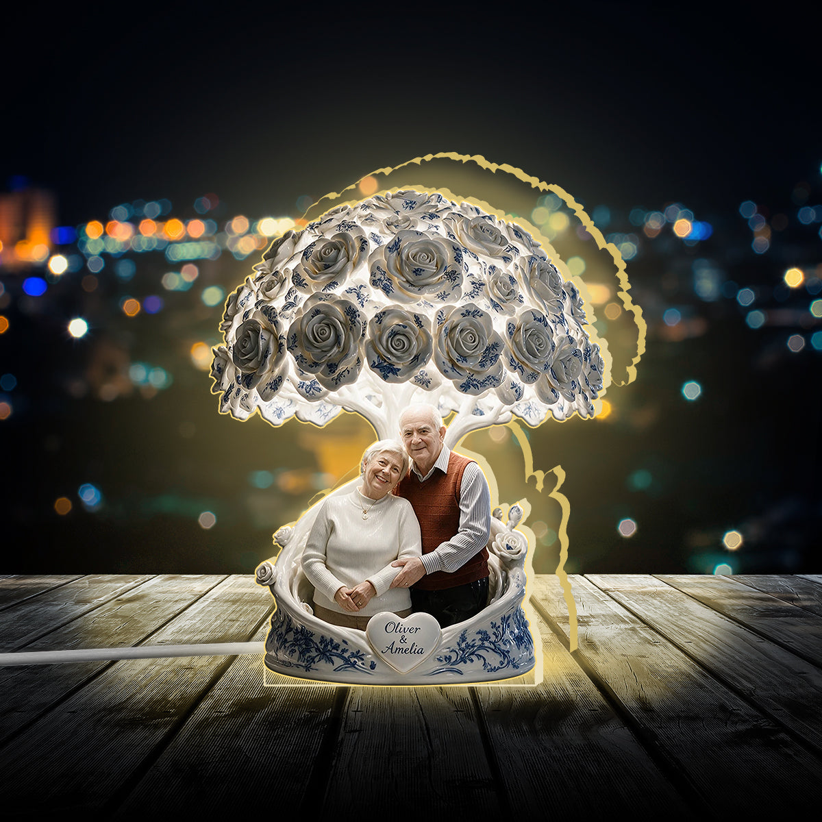 Toile de Jouy Rose Tree - Personalized Couple Acrylic LED Night Light