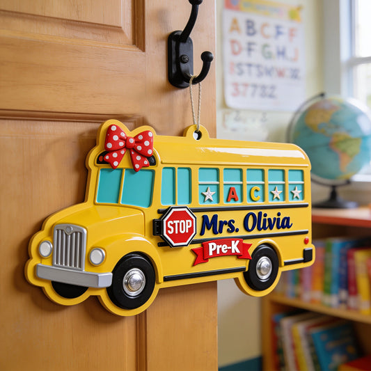 School Bus 3D Shaped Door Sign - Personalized Teacher Custom Shaped Wood Sign