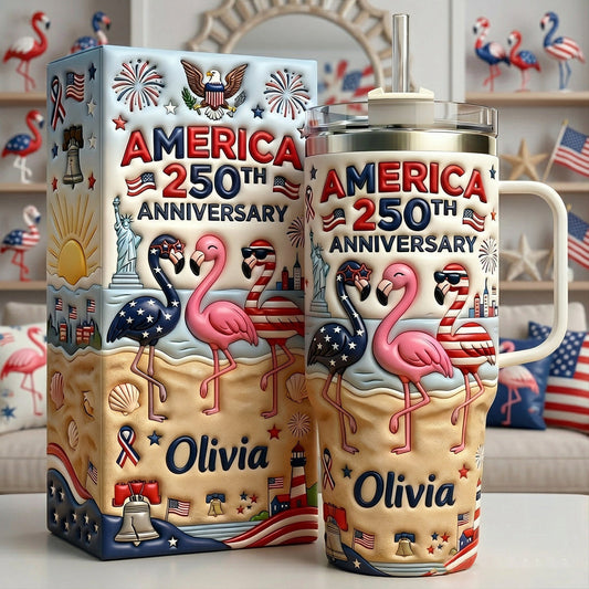 Patriotic Flamingo - Personalized Flamingo Tumbler With Handle