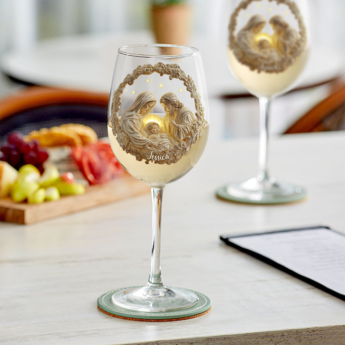 Nativity Scene - Personalized Christian Wine Glass With Long Stem