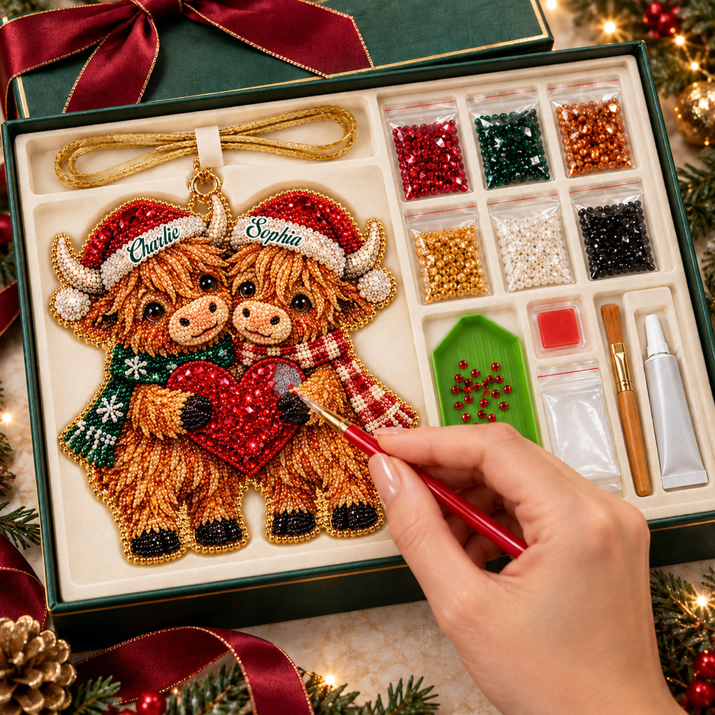 Merry Christmas My Love - Personalized Highland Cow Diamond Painting Ornament Kit