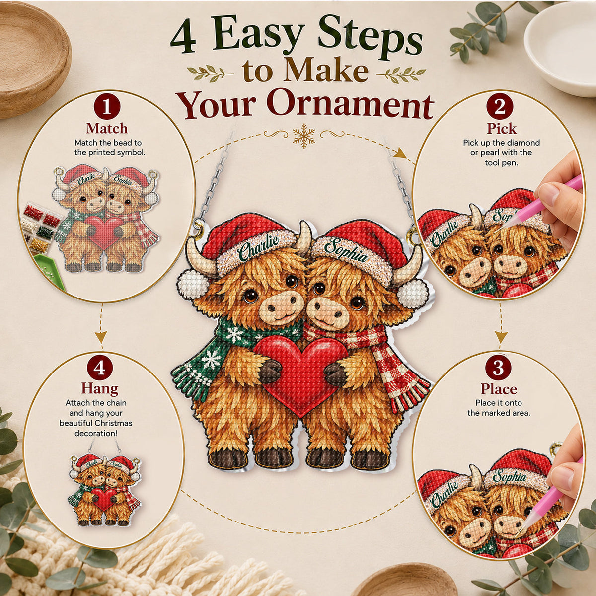 Merry Christmas My Love - Personalized Highland Cow Diamond Painting Ornament Kit