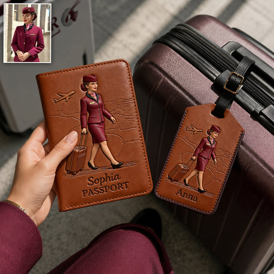 Passport Cover & Luggage Tag For Fly Attendant - Personalized Flight Attendant Passport Holder & Luggage Tag Set