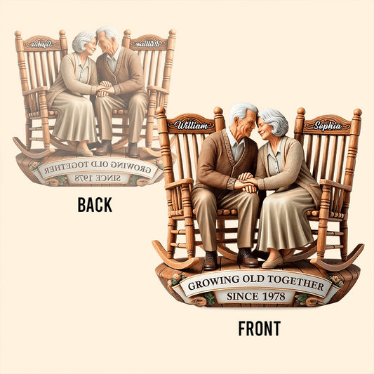 Old Couple Sitting On Rocking Chairs Together - Personalized Couple Custom Shaped Acrylic Plaque