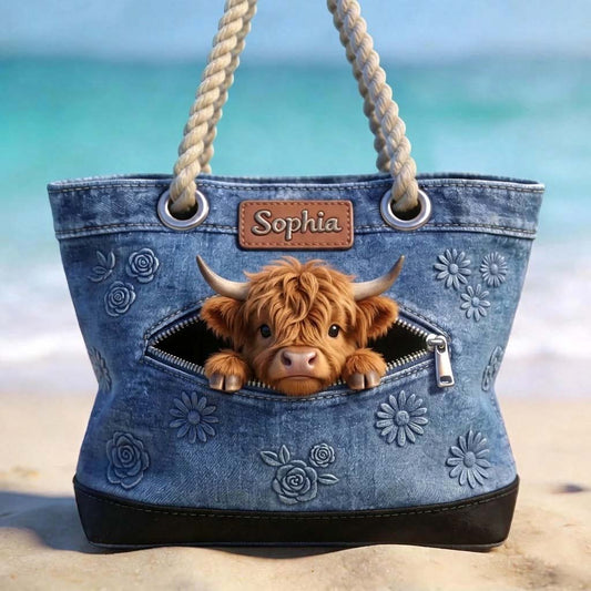 Love Highland Cows - Personalized Highland Cow Beach Bag
