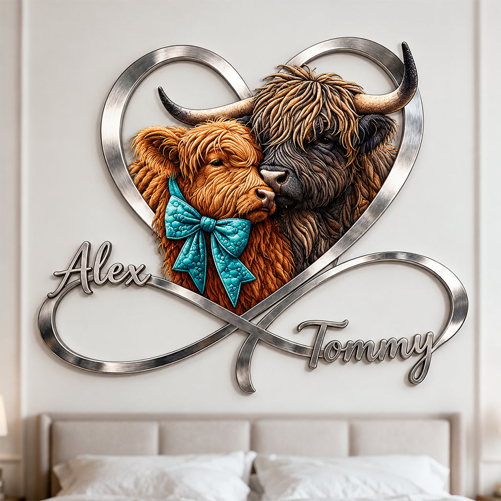 Love You Infinite - Personalized Highland Cow 3D Printed Cut Metal Sign