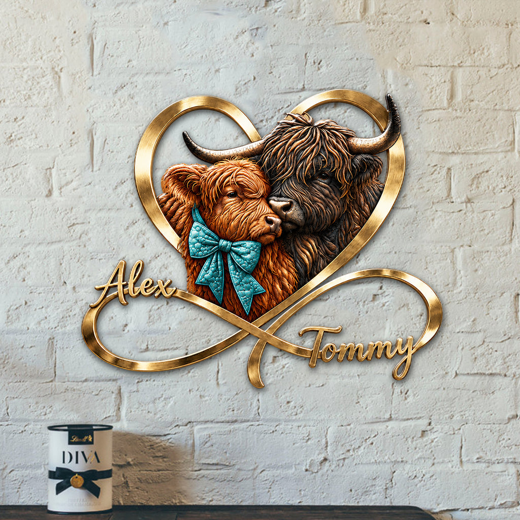 Love You Infinite - Personalized Highland Cow 3D Printed Cut Metal Sign