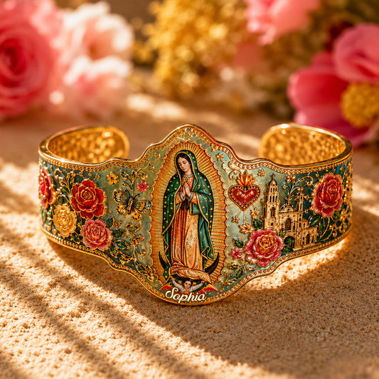 Mexican Goddess, Guadalupe - Personalized Christian Shaped Cuff Bracelet