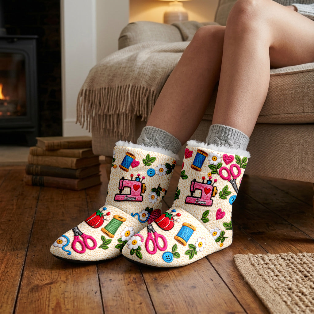 Sewing Lovers Gift - Personalized Sewing Faux Fur Boot Slippers