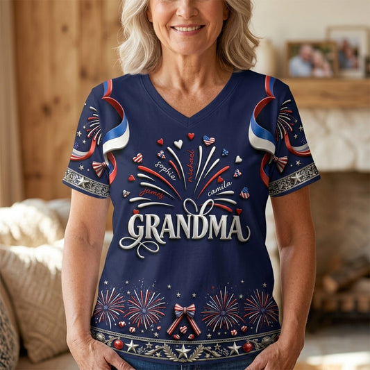 Patriotic Grandma Shirt - Personalized Grandma Fully Printed V-Neck T-Shirt